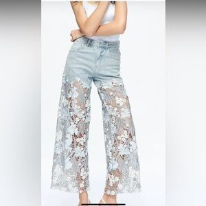 Light Blue Lace-Panel Wide-Leg Jeans